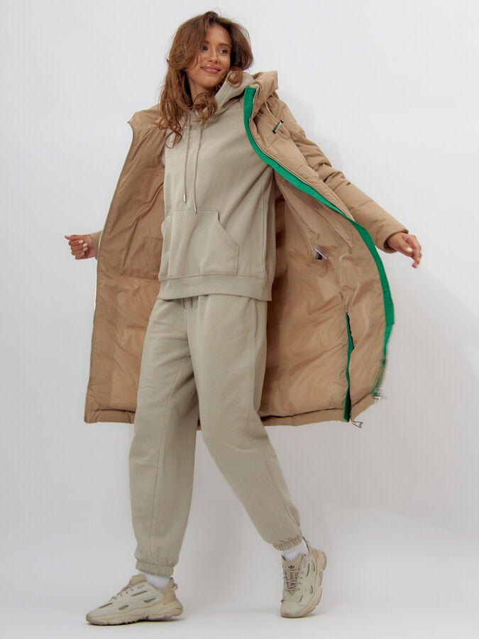 Пальто утепленное женское зимние бежевого цвета 112253B
