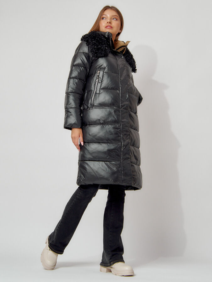 Пальто утепленное с капюшоном зимнее женское  черного цвета 442181Ch