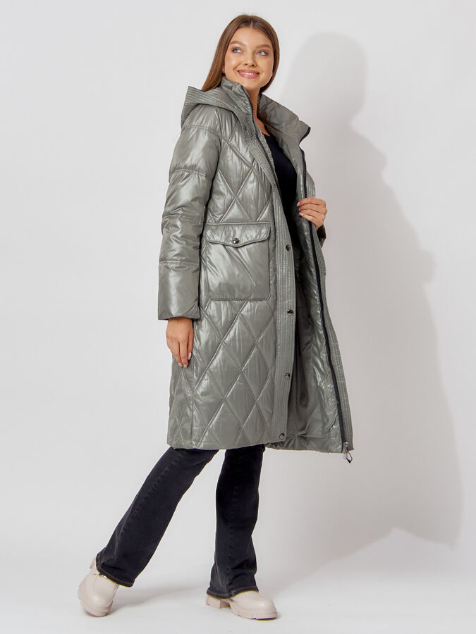 Пальто утепленное стеганое зимнее женское  цвета хаки 448602Kh