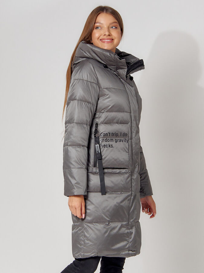 Пальто утепленное с капюшоном зимнее женское  серого цвета 442186Sr