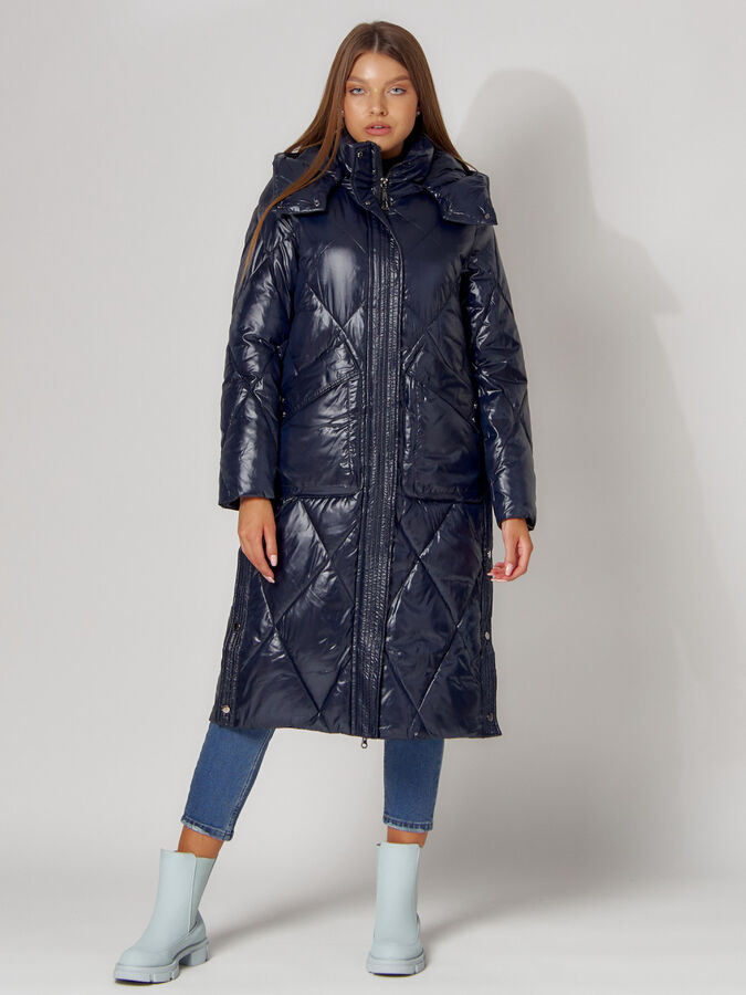 Пальто утепленное стеганое зимнее женское  темно-синего цвета 448601TS