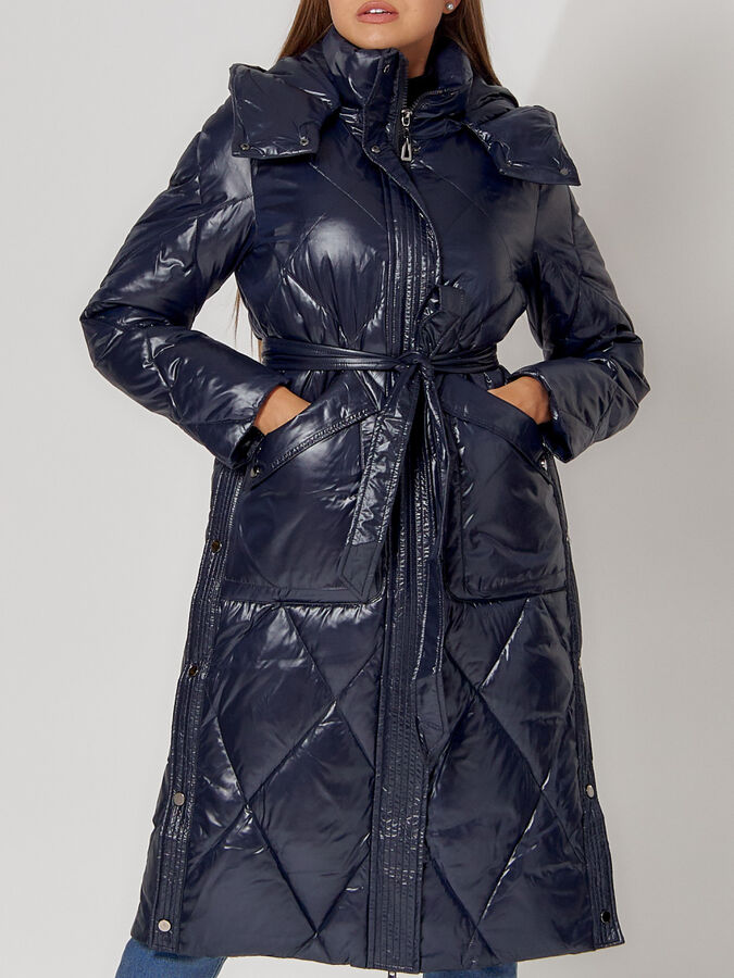 Пальто утепленное стеганое зимнее женское  темно-синего цвета 448601TS