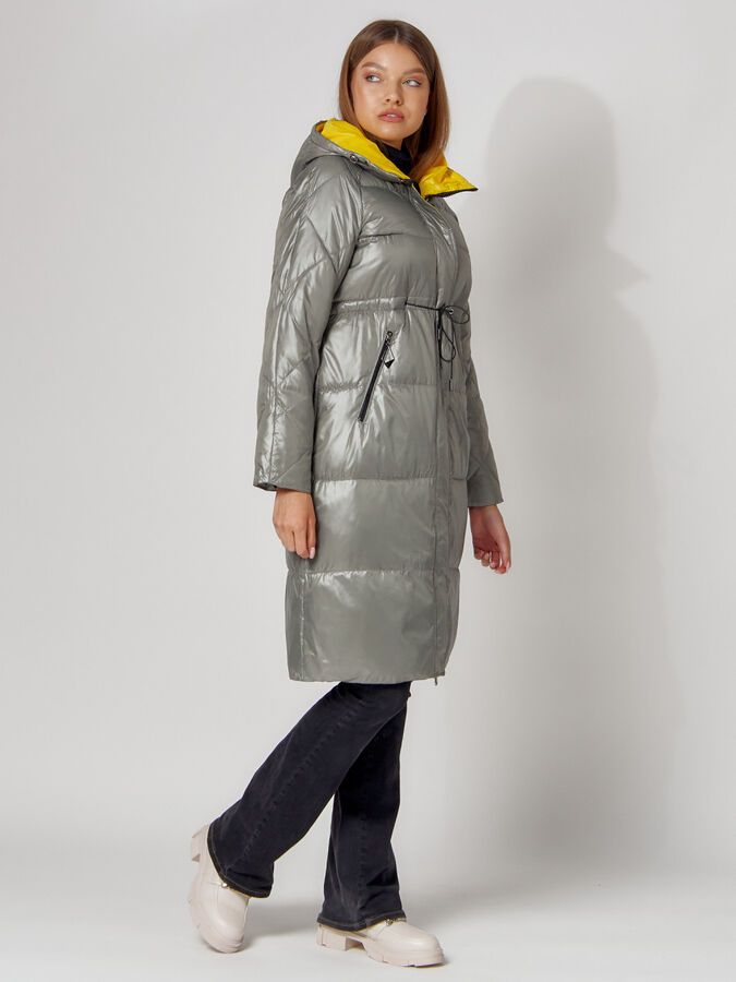 Пальто утепленное стеганое зимние женское  цвета хаки 448613Kh