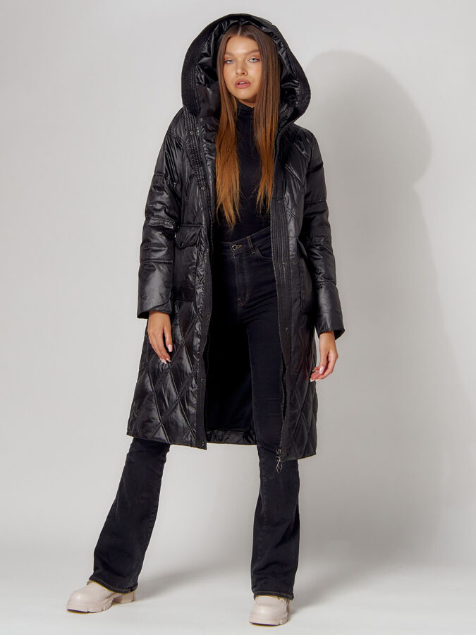 Пальто утепленное стеганое зимнее женское  черного цвета 448602Ch
