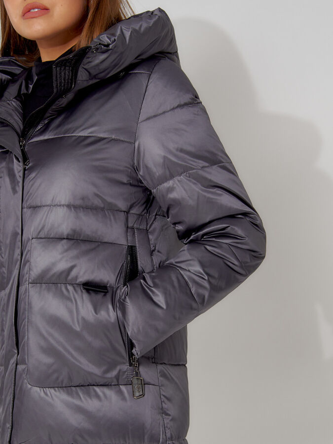 Пальто утепленное с капюшоном зимнее женское  темно-серого цвета 442186TC