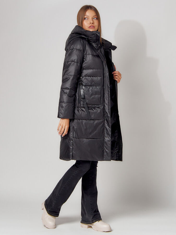 Пальто утепленное с капюшоном зимнее женское  черного цвета 442186Ch