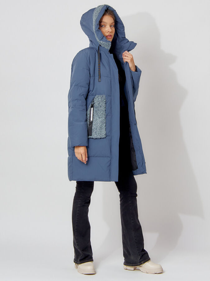 Пальто утепленное с капюшоном зимнее женское  синего цвета 442197S