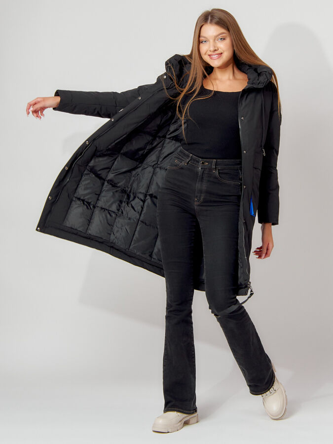 Пальто утепленное с капюшоном зимнее женское  черного цвета 442187Ch
