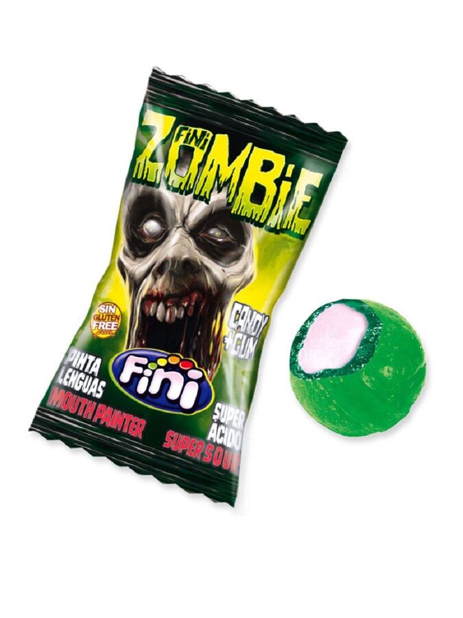Леденцовая карамель кислая и красит язык в зеленый цвет Fini Zombie Конфета Фини &quot;Зомби&quot; с жвачкой внутри  5,2 гр