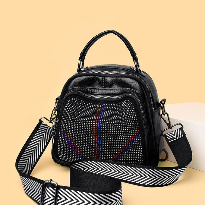 COSMOСOLLECTION_BAGS Универсальная сумка-рюкзак из натуральной кожи со стразами,  черный