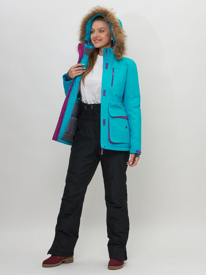 Куртка спортивная женская зимняя с мехом бирюзового цвета 551777Br