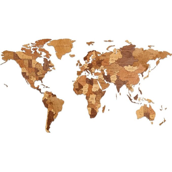 Дарим красиво Карта мира деревянная Eco Wood Art Wooden World Map Choco World, объёмная, трёхуровневая, размер L, 192x105 см, цвет шоколадный