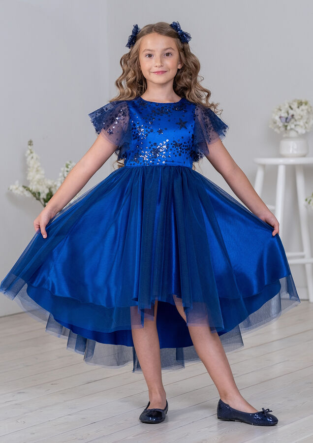 ALOLIKA Платье из однотонной атласной ткани, комбинированное с верхним слоем  сетки, цвет синий