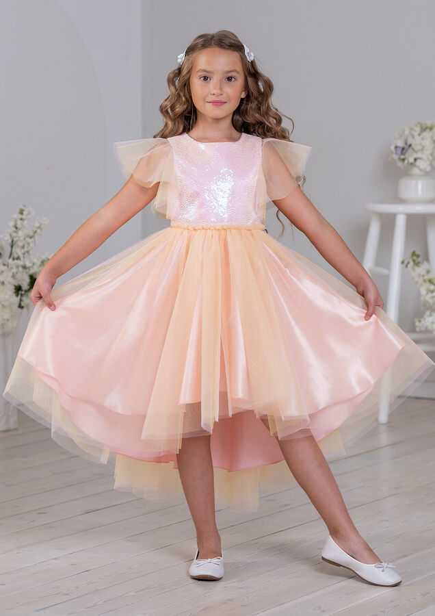 ALOLIKA Платье из однотонной атласной ткани, комбинированное с верхним слоем  сетки, цвет персиковый