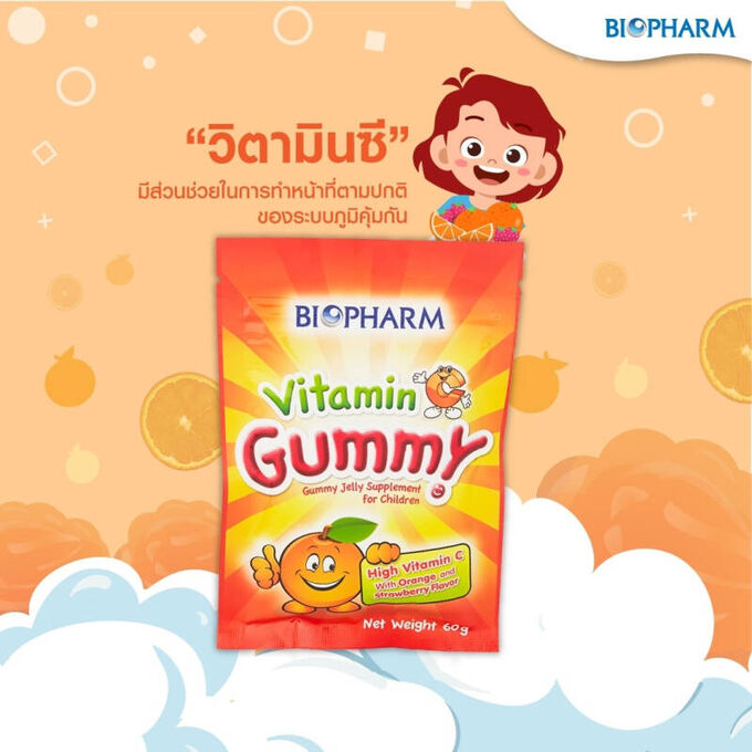Abhaibhubejhr (Abhai herb) Biopharm Vitamin C Gummy with Orange and Strawberry Flavor Gummy Jelly 24 g.