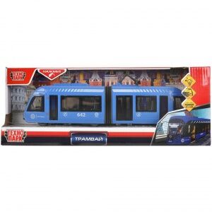 Hobby World Технопарк. Трамвай с резинкой пластик свет-звук 30 см, двери, синий арт.TRAMNEWRUB-30PL-BU