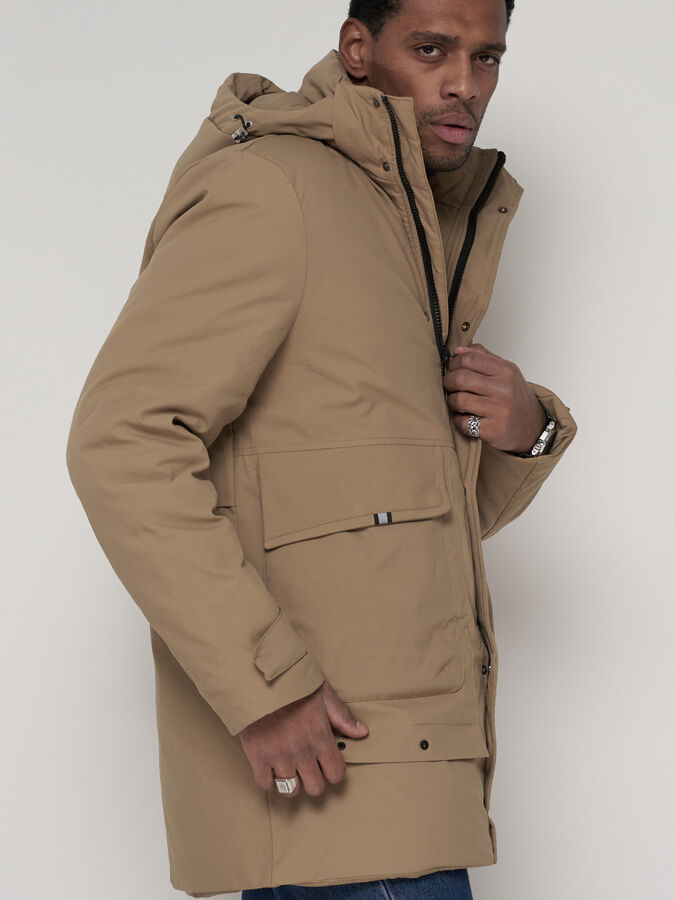 Спортивная молодежная куртка удлиненная мужская бежевого цвета 90020B