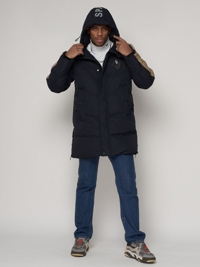 Спортивная молодежная куртка удлиненная мужская темно-синего цвета 90008TS