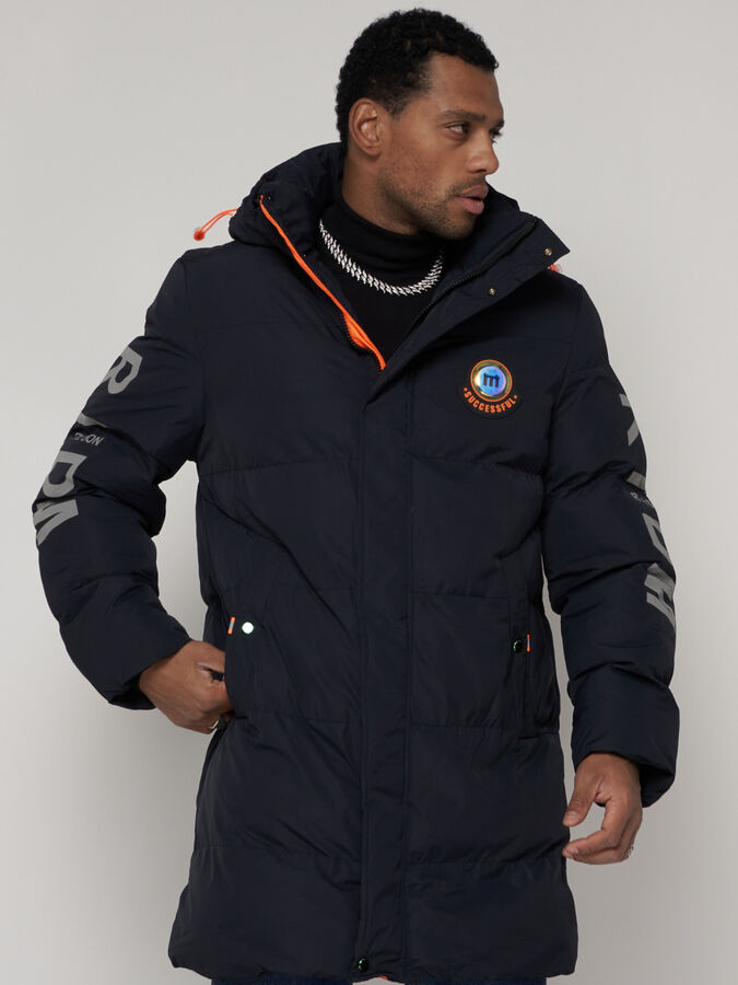 Спортивная молодежная куртка удлиненная мужская темно-синего цвета 9005TS