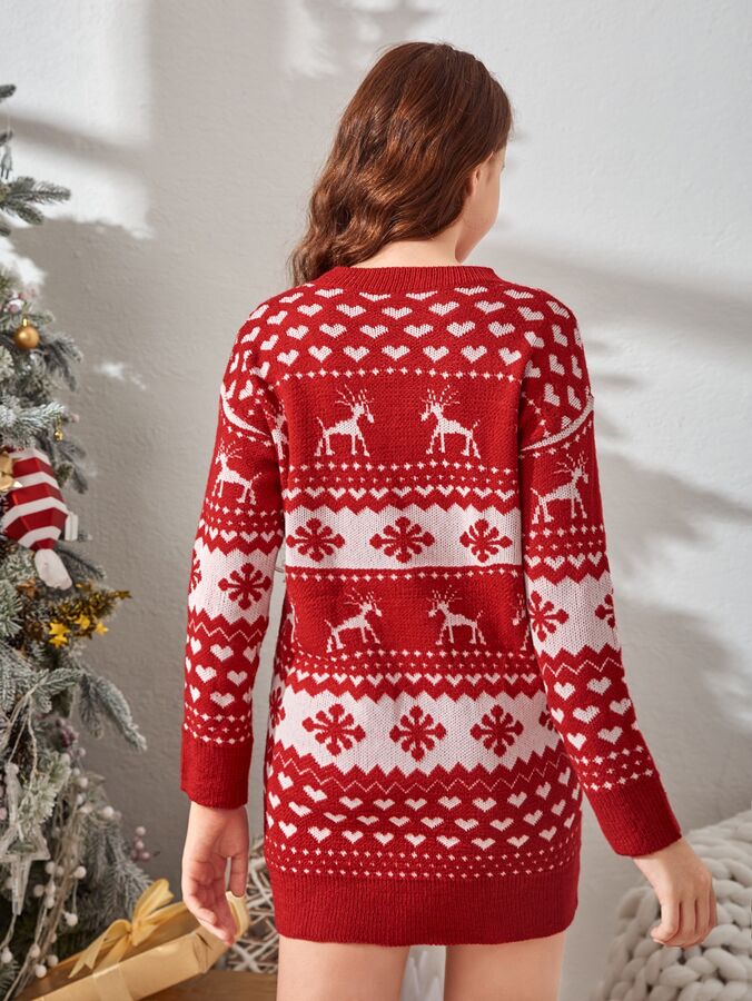 Для девочек-подростков Платье-свитер с рождественским узором со спущенным плечом