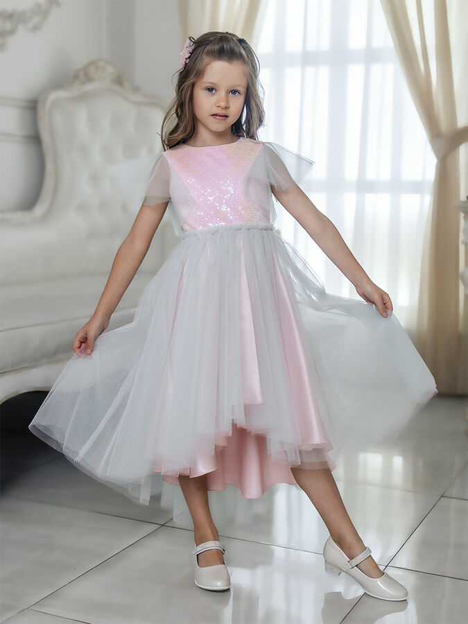 ALOLIKA Платье из однотонной атласной ткани, комбинированное с верхним слоем  сетки, цвет персик.бирюзовый