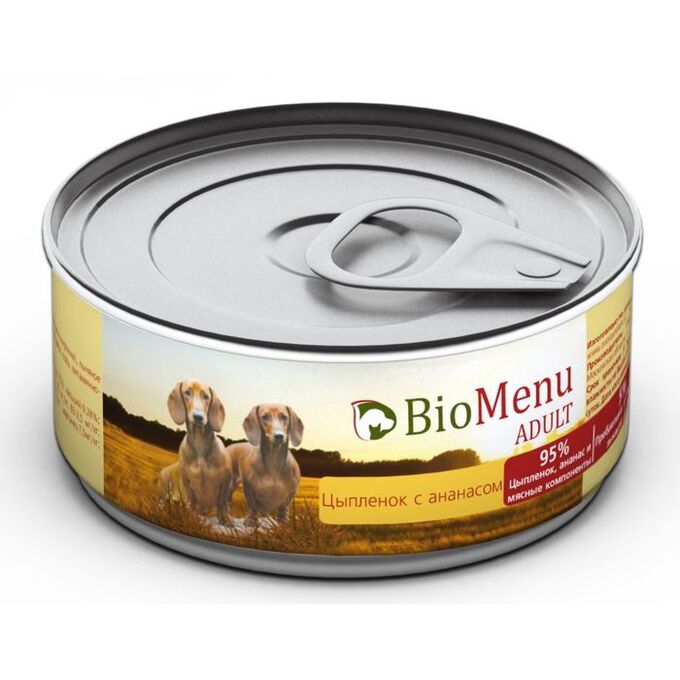 СИМА-ЛЕНД Консервы BioMenu ADULT для собак  цыпленок с ананасами 95%-мясо , 100гр