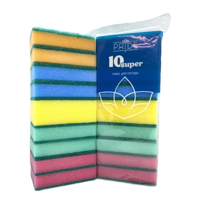 Товары для кухни Набор губок бытовых, 10 шт, 2,5 х 10 х 6,5 см, с чистящ. слоем, поролон, СУПЕР