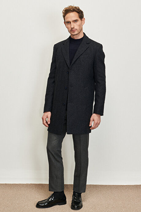Шерстяное пальто стандартного кроя с монофоническим воротником и узором &quot;елочка&quot; черно-темно-синее