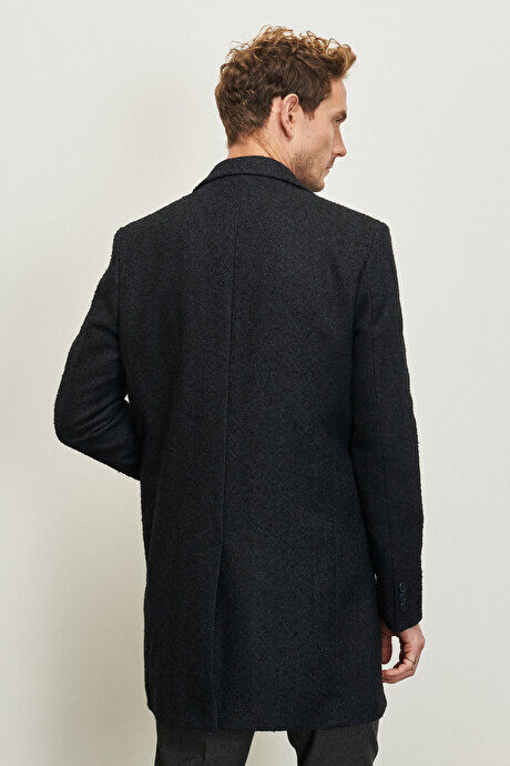 Шерстяное пальто стандартного кроя с монофоническим воротником и узором &quot;елочка&quot; черно-темно-синее