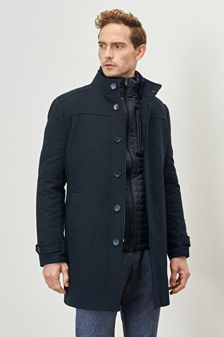 Стандартный крой Нормальный покрой Шерстяное пальто с воротником-стойкой Темно-синее пальто Темно-синее пальто