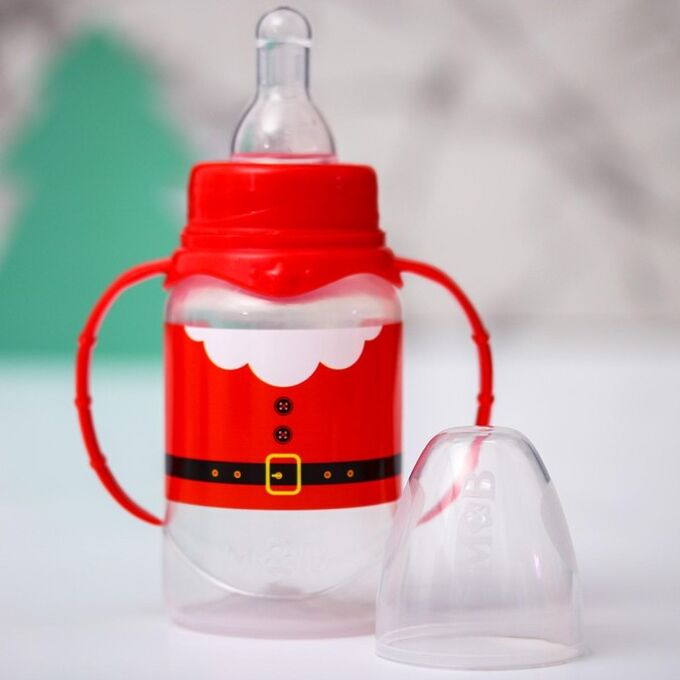 Mum&Baby Бутылочка для кормления «Дед Мороз», классическое горло, 150 мл., от 0 мес, цилиндр, подарочная упаковка, с ручками