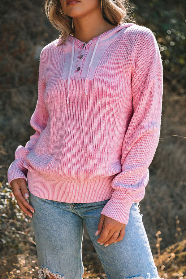 VitoRicci Розовый вязаный свитер в рубчик с капюшоном и V-образным вырезом