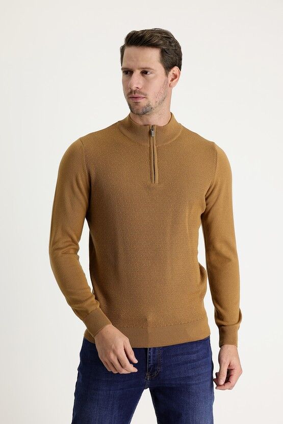 Kiğılı Camel Bato Collar Slim Fit Zipper Patterned Knitwear Sweater