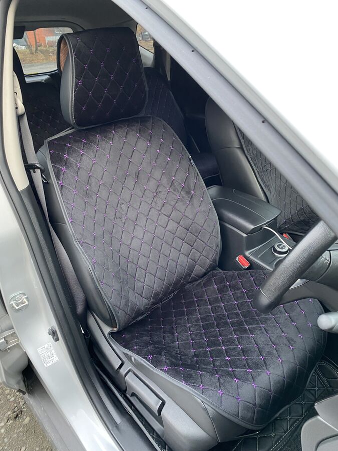 Накидки на сиденья премиум Алькантара полный комплект черный с фиолетовой строчкой