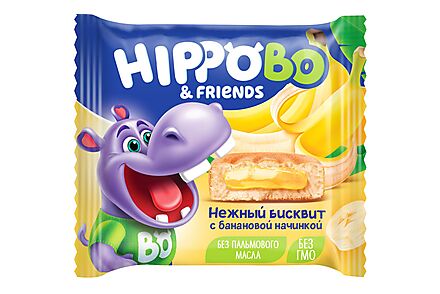 Яшкино «HIPPO BONDI &amp; FRIENDS», бисквитное пирожное с банановой начинкой, 32г (упаковка 12шт.)