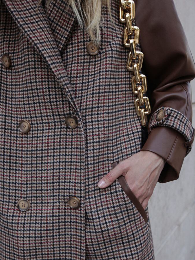 Шерстяное пальто со вставками из экокожи Коричневый