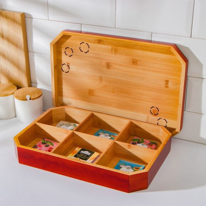 Ящик для хранения чайных пакетиков Доляна «Цветочный», 6 отделений, 36х24,5х5 см, бамбук