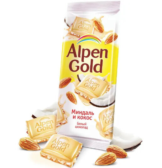 Alpen Gold Альпен голд Белый с Миндалем и Кокосовой Стружкой шоколад 85г
