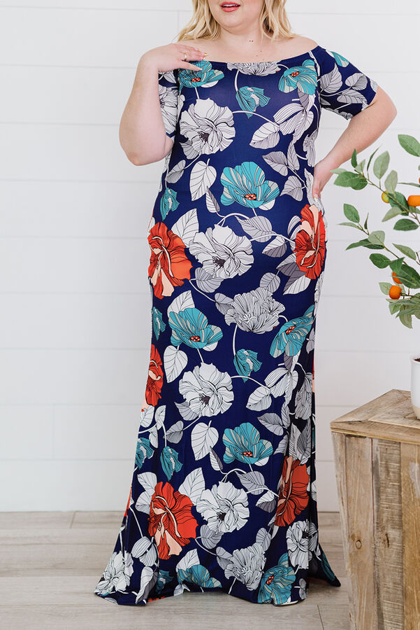 VitoRicci Синее платье-русалка с открытыми плечами и ярким цветочным принтом