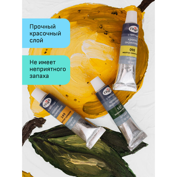 Краски акриловые художественные 6 цветов Гамма &quot;&quot;Студия&quot;&quot;, 18мл/туба, картон. упаковка, европодвес