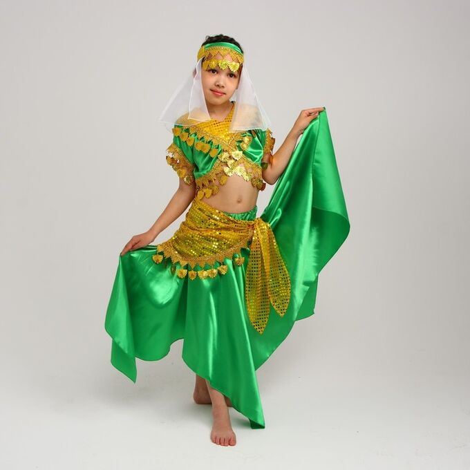 Страна карнавалия Карнавальный костюм Восточный &quot;Азиза в юбке&quot;зелено-желтый,блузка,юбка,косынка,повязка,р-р34.